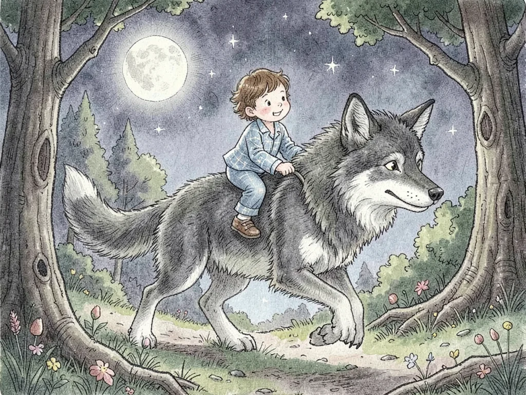 Child riding wolf through moonlit forest