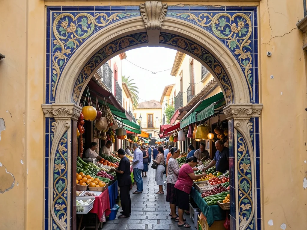 Mexican mercado scene framed by Art Nouveau archway, ornamental tile