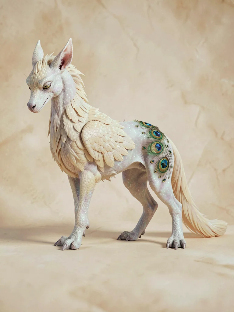 Slender opaline gryphon with peacock-eye markings on its hindquarters and pale-c
