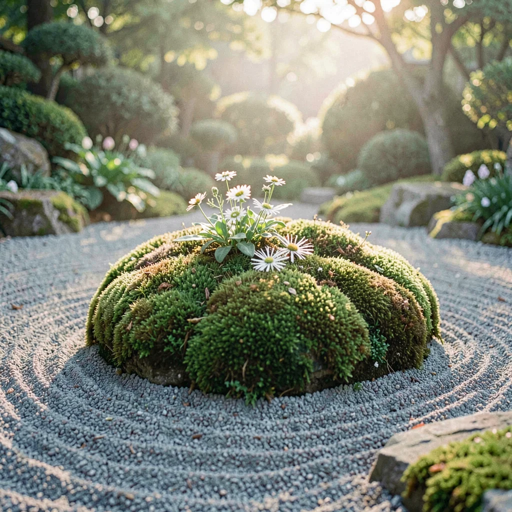Atmospheric garden photo of a moss island floating in a sea of raked gravel, sof