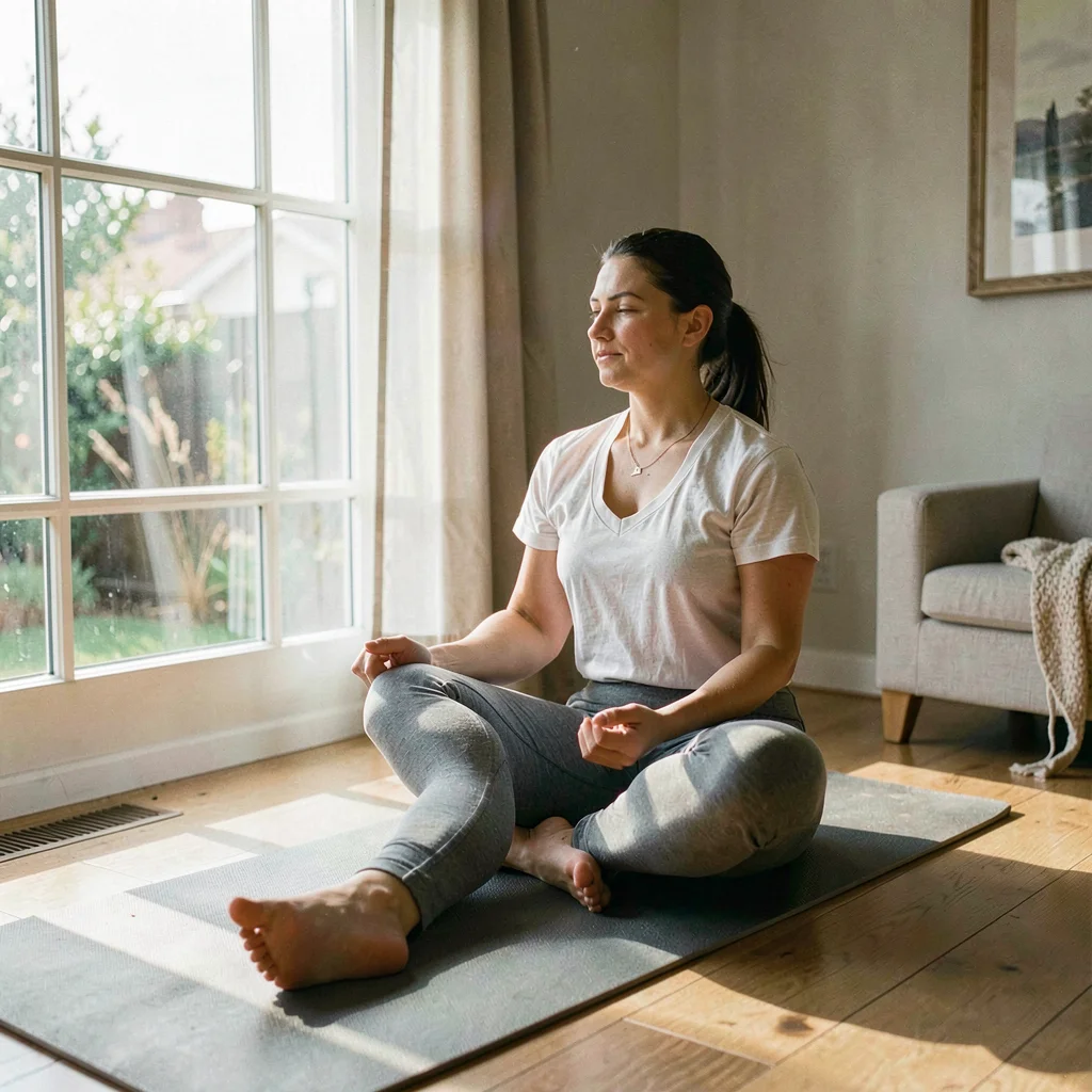 Soft natural light photograph, Yoga practice at home, mat by window, peaceful at
