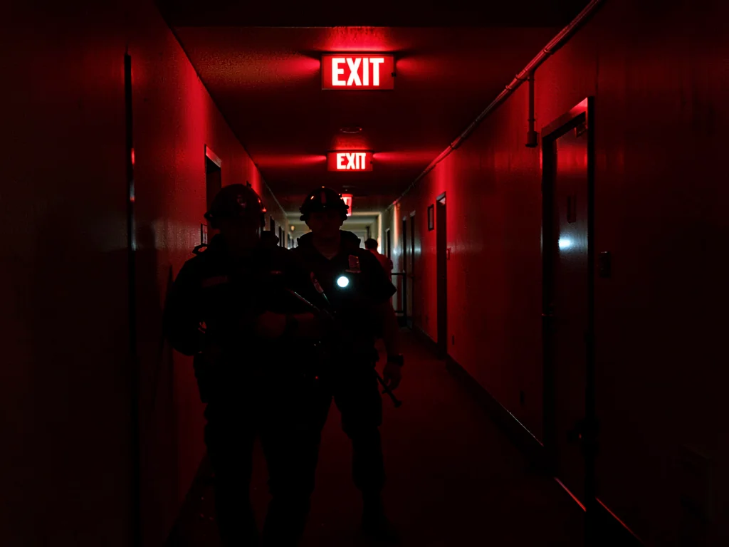 Night security patrol under red glow, flashlight off, navigating by exit signs a