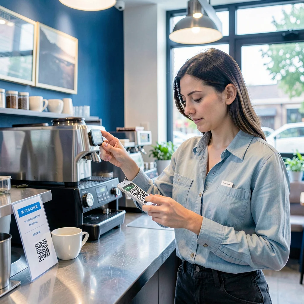 Editorial photograph, Person scanning QR code for payment at coffee shop , clean