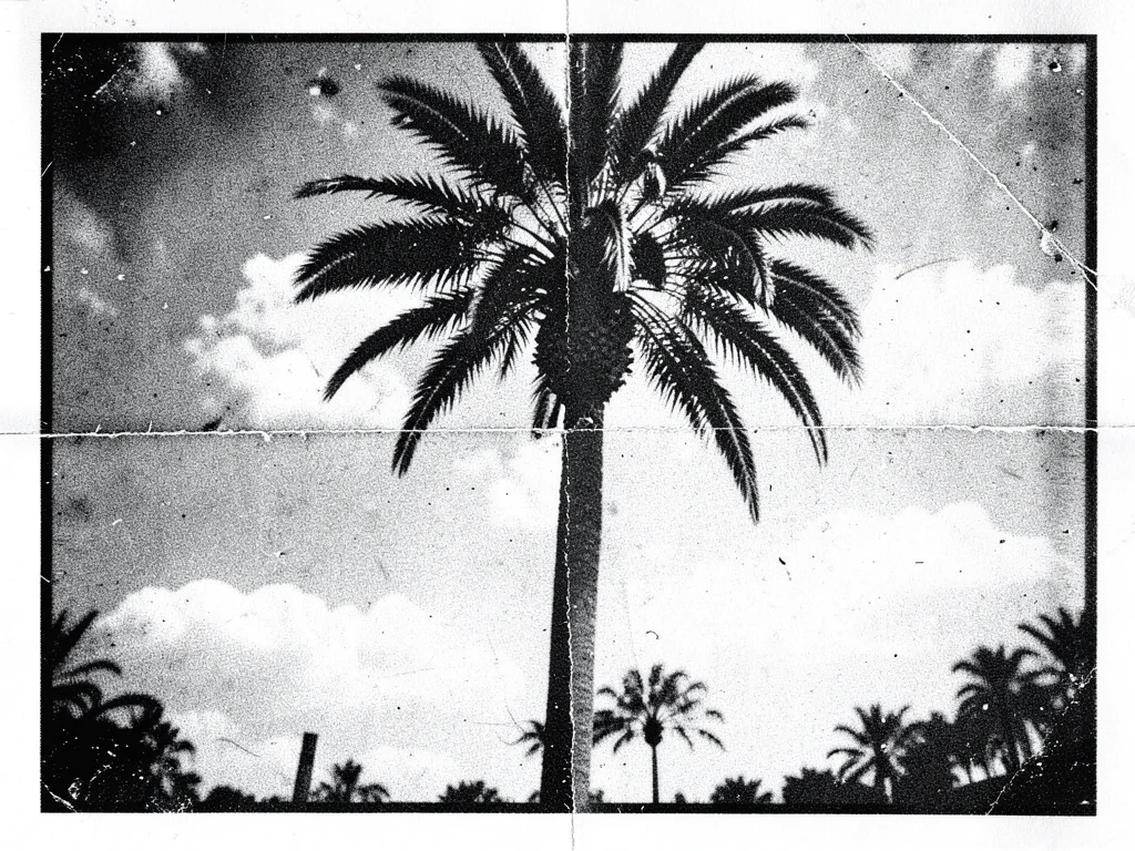 Photocopied summer vacation brochure, degraded through generations, palm tree di