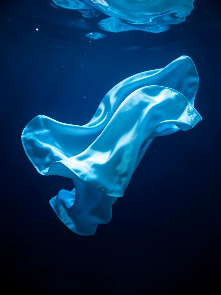 Silk fabric flowing underwater, billowing like jellyfish, deep blue water, studi