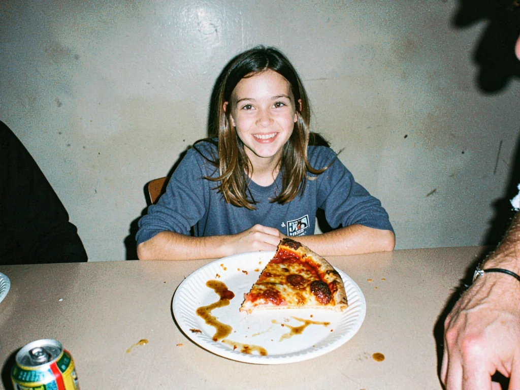 Half-eaten slice of pizza on a paper plate at a folding table, grease pooling, s