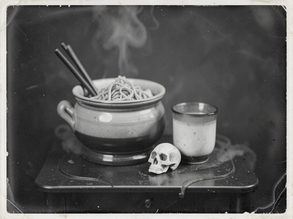 Cup of ramen noodles in a porcelain tureen beside chopsticks, a sake cup, and a 