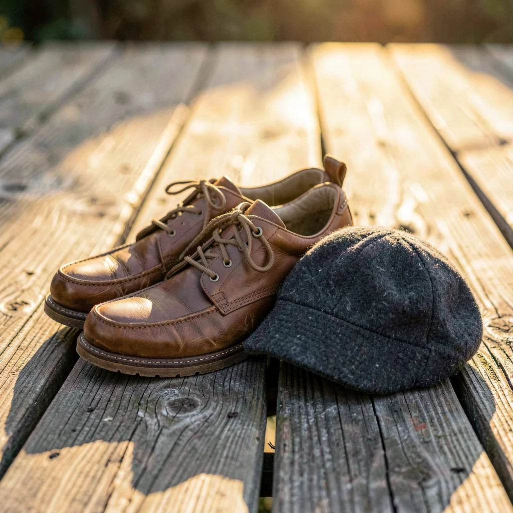Cozy still of leather cycling shoes and a wool cap on weathered pine planks, war