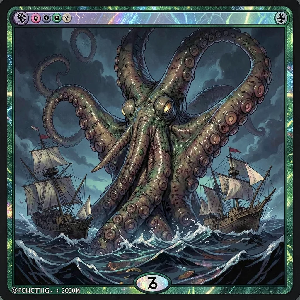 Trading card game illustration, a massive kraken tentacles rising from dark wate