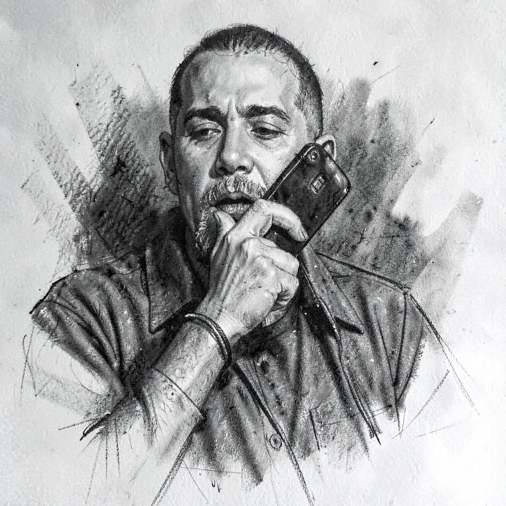 Loose charcoal portrait of a song plugger on a phone, smudged shadow
