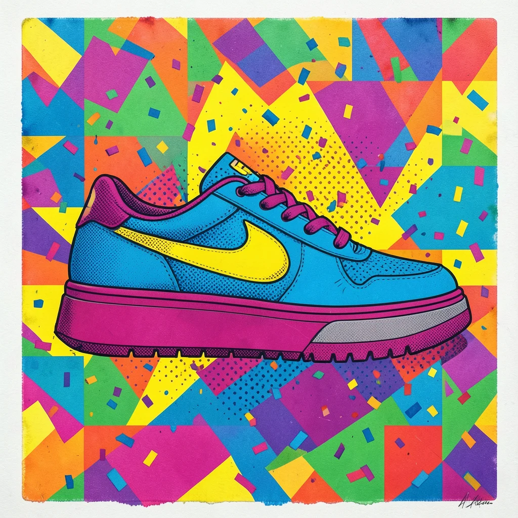 A single sneaker in profile with an exaggerated thick sole, the upper in electri
