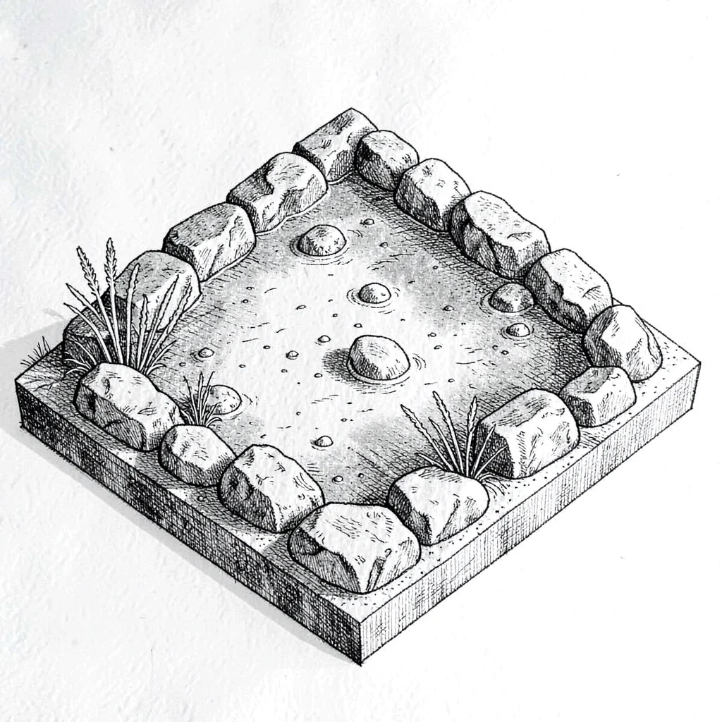 isometric drawing of a tide-pool exhibit with rocks