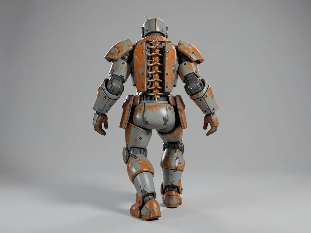 Mid-stride away from camera, the assault-pilot's slab back plate reveals a massi