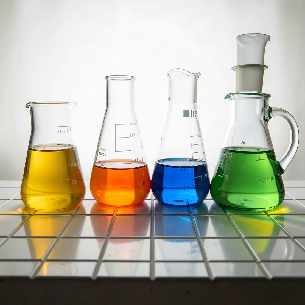 Four Beakers Grid Tinted Solutions Yellow Orange Blue Green