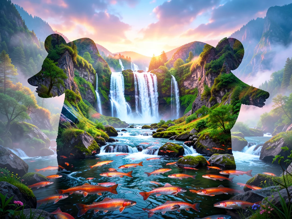 Bear silhouette filled with salmon-filled river and waterfall, double exposure