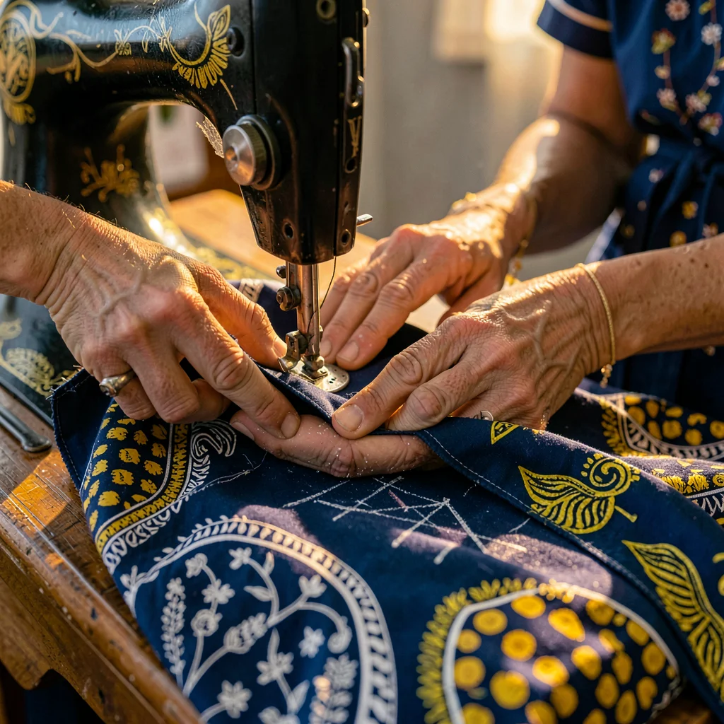 Saturated textile-rich photograph, Tailor hands at Singer sewing machine pedal, 
