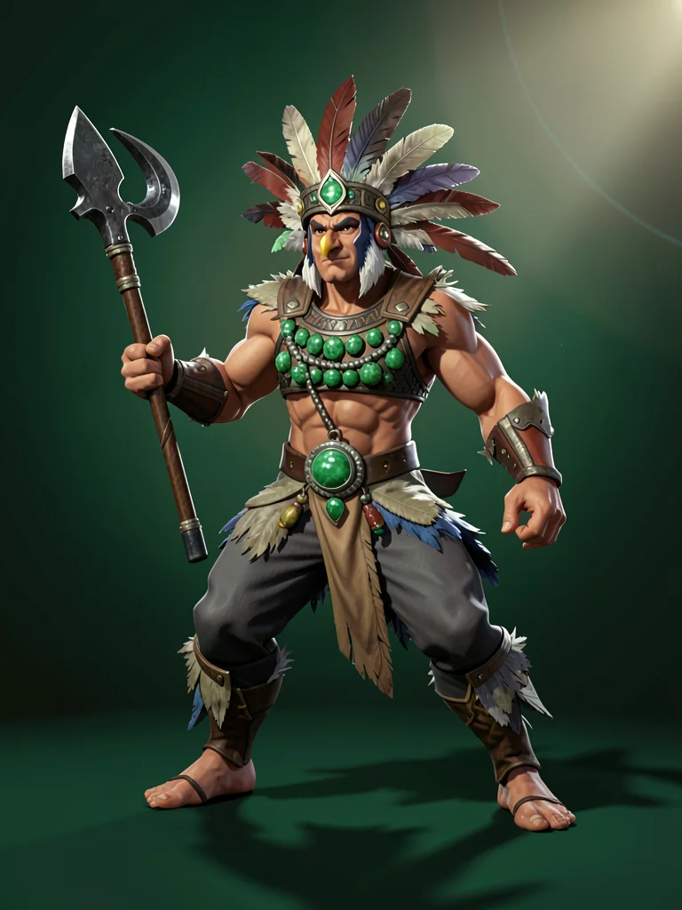 Mesoamerican-coded eagle-warrior in feathered headdress with jade-bead breastpla