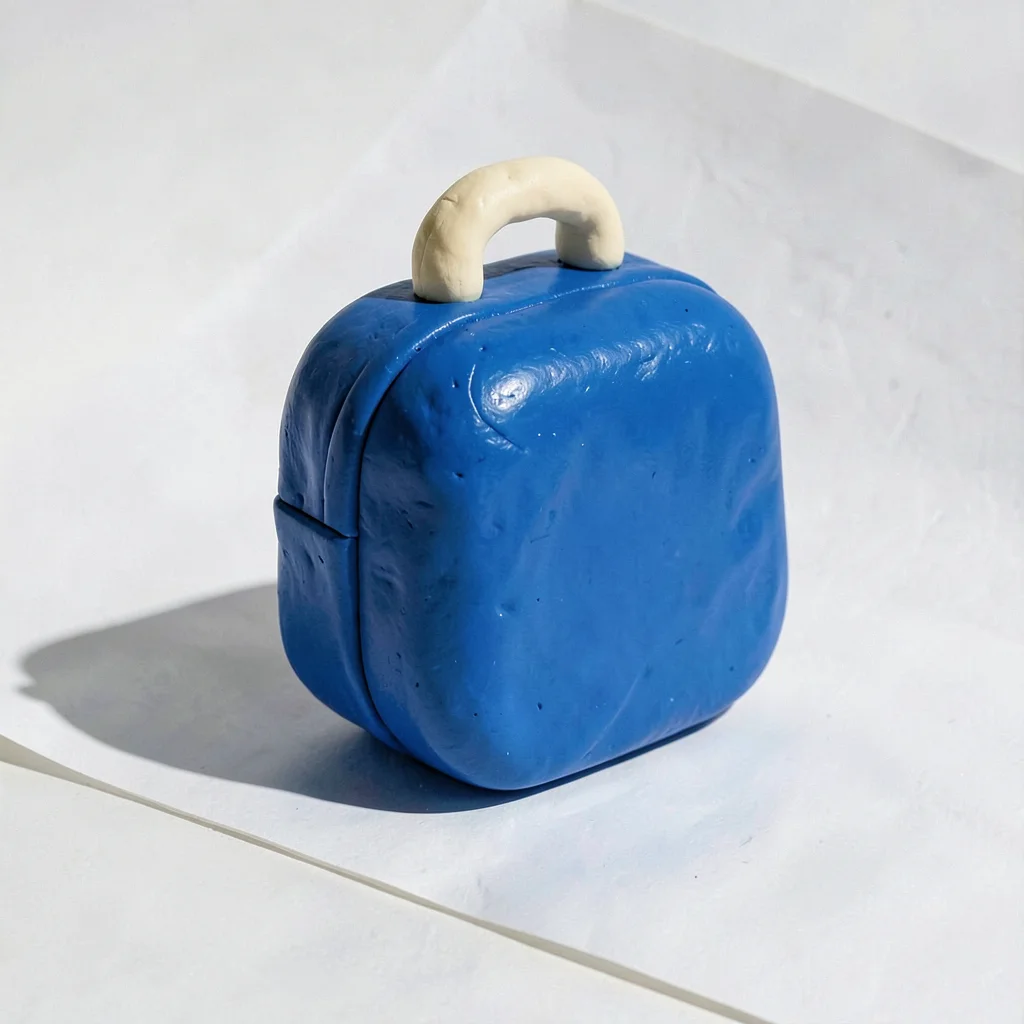 Tubby chunky clay backpack lunchbox in primary blue with stubby cream-toned hand