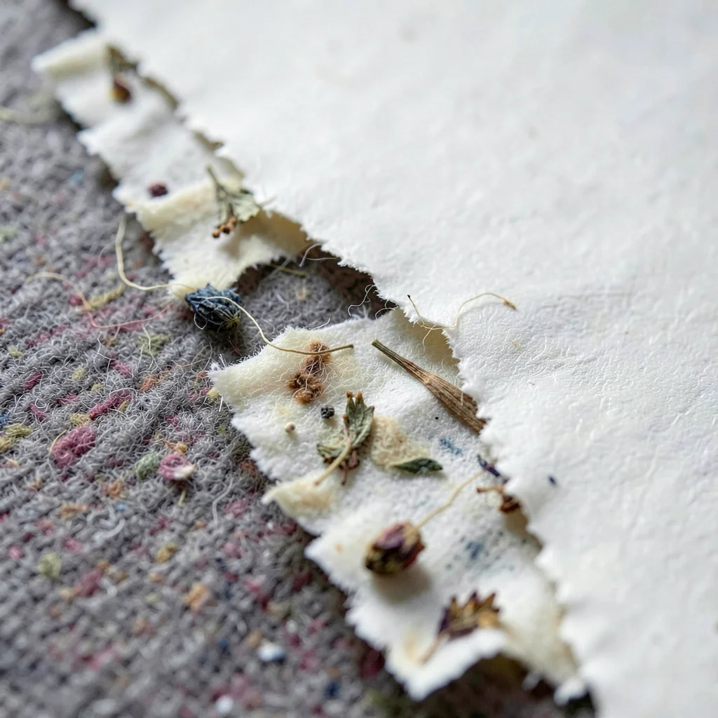Close-up of a deckled edge of a finished handmade sheet, fibres visible at the t