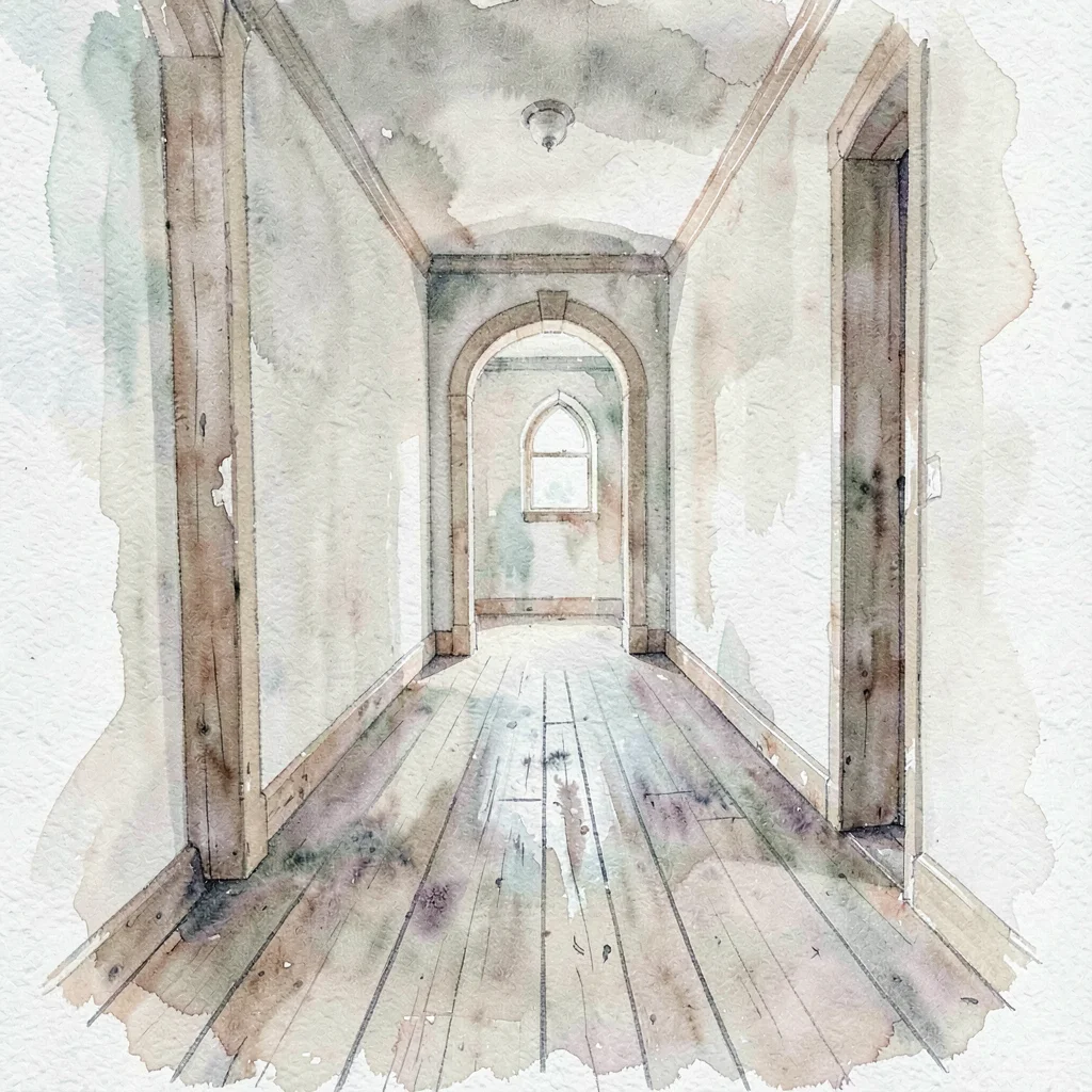 Quiet washy rendering of a long heritage corridor with worn floorboards and a si