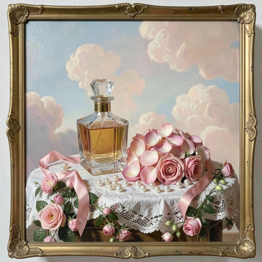 Perfume bottle in cut glass beside a pile of rose petals, pink ribbon, and scatt