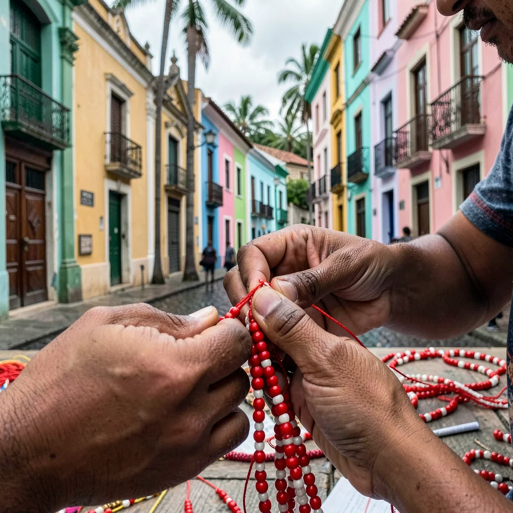 Salvador Pelourinho color, Bahian colonial saturation, Hands threading bright re