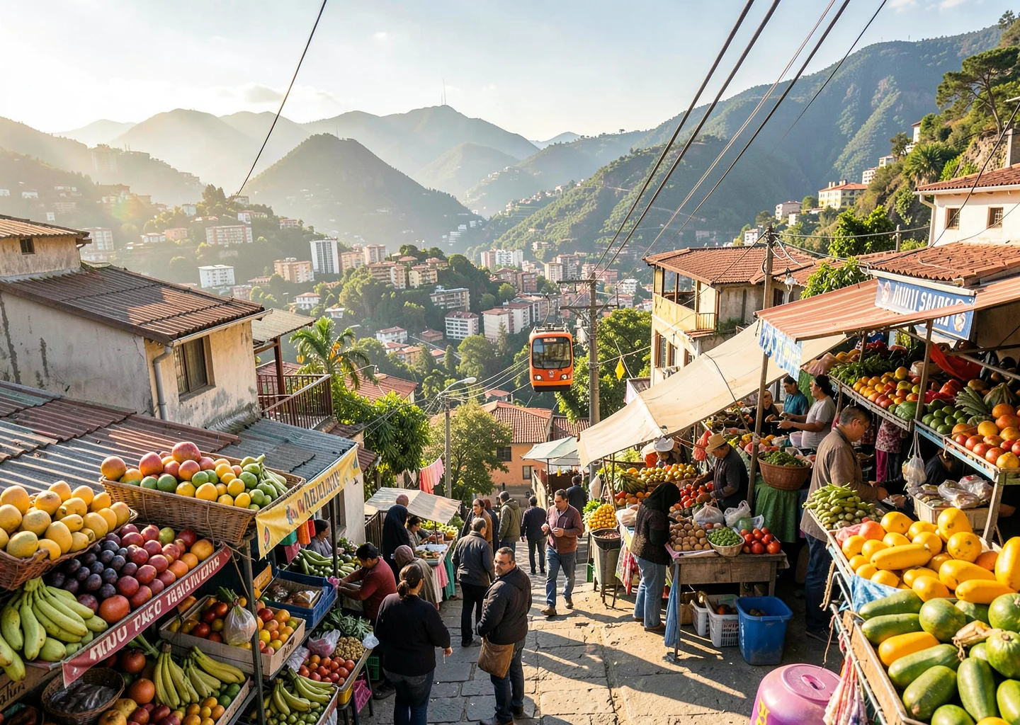 Eternal spring light over transforming Medellín, street market in transformed ne