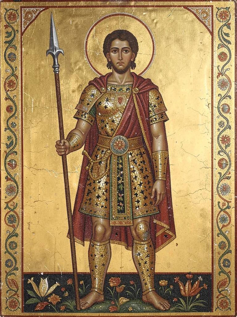 Warrior standing with spear upright, lavish mosaic tesserae clothing