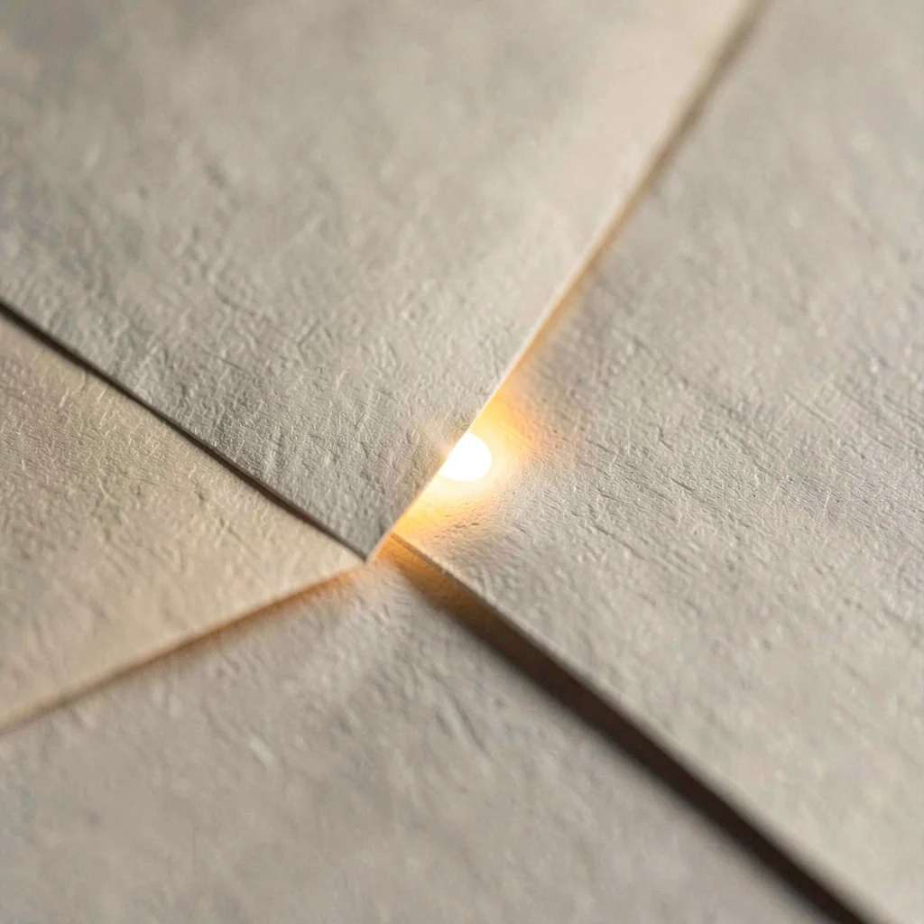 Two paper tongues meeting at a sharp diagonal seam, a single bead of light runni