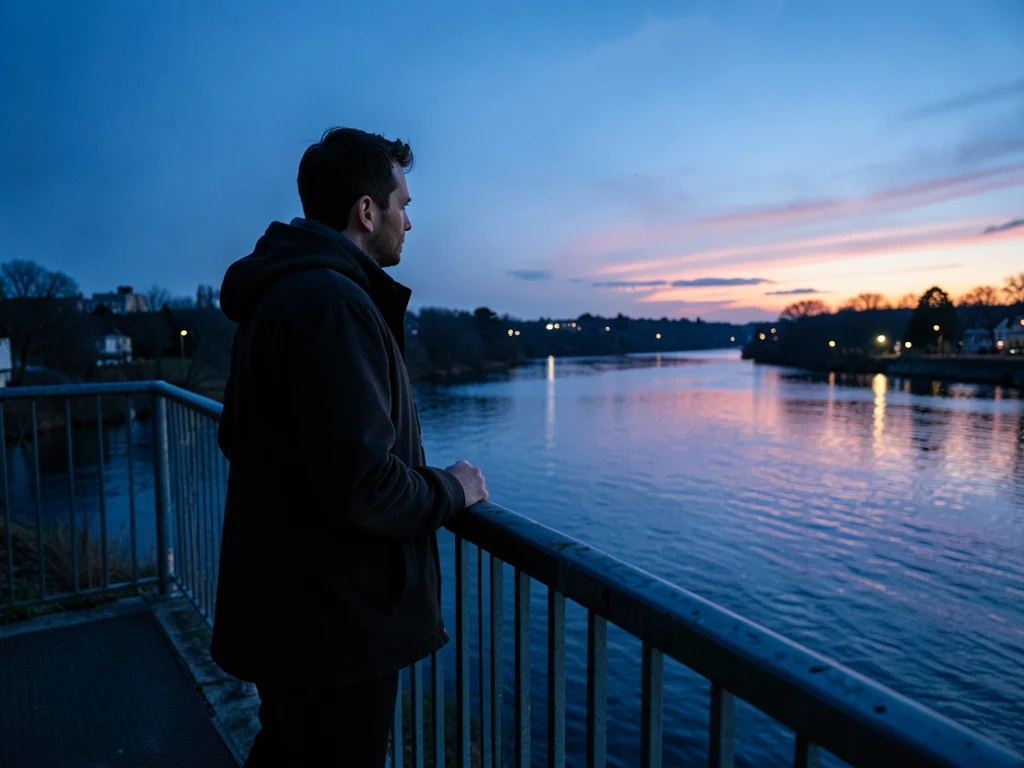 A person standing at the railing of a bridge during blue hour, not in crisis but
