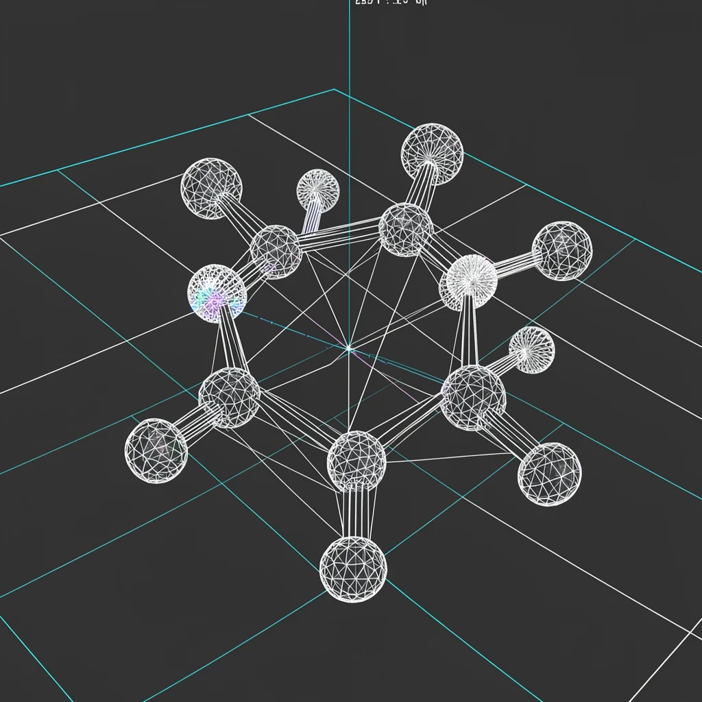 A wireframe molecular model of a benzene ring at large scale with atom spheres a