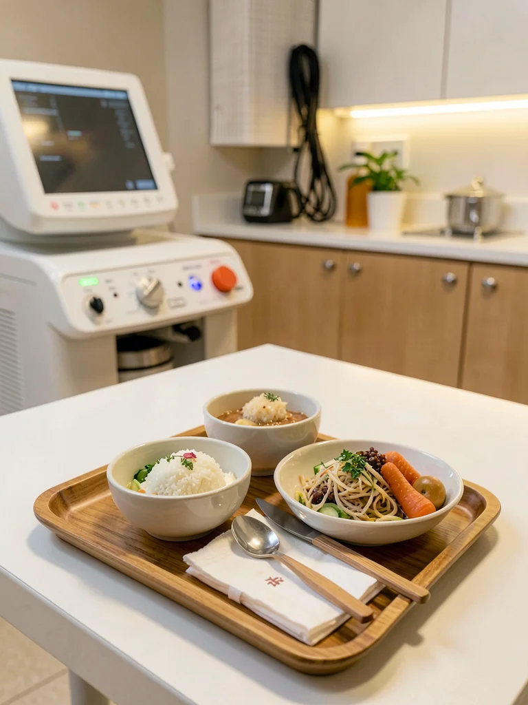 Hospital cafeteria tray with ceramic dishes, wooden cutlery, institutional meal 