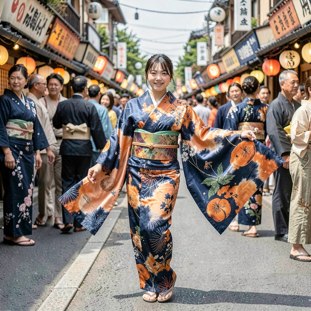 Through the textile eye of Kyoto, woven and dyed, A young woman in summer yukata