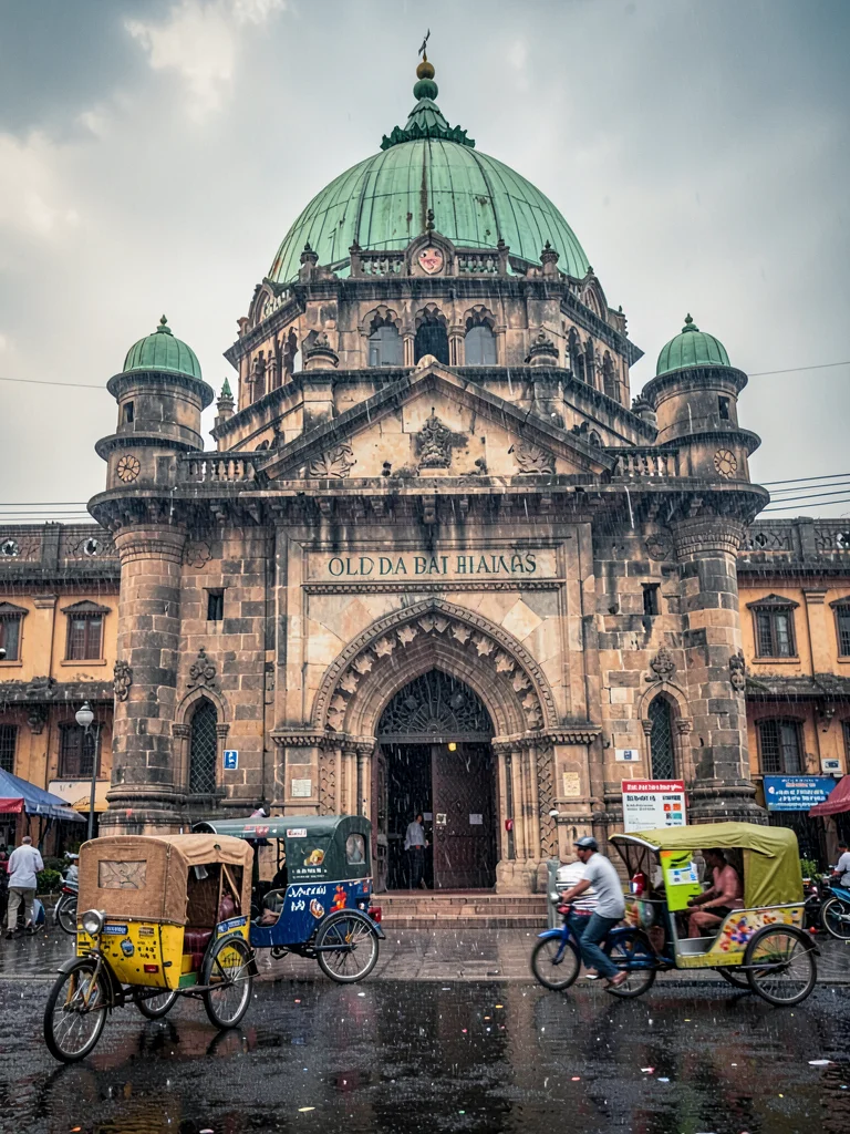 Old Dhaka mosque with rickshaws