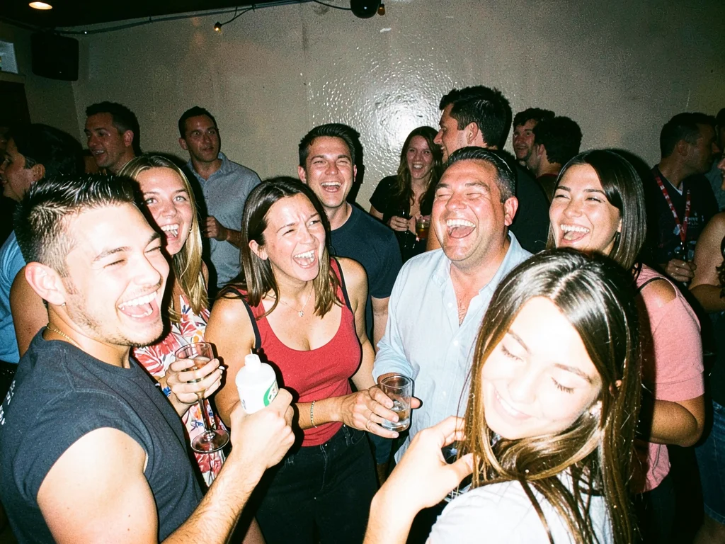 Party guests mid-laugh at crowded bar