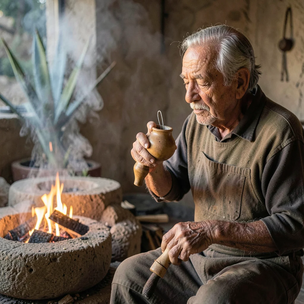 Oaxacan mezcal process, palenque atmosphere, An elderly maestro mezcalero tastin
