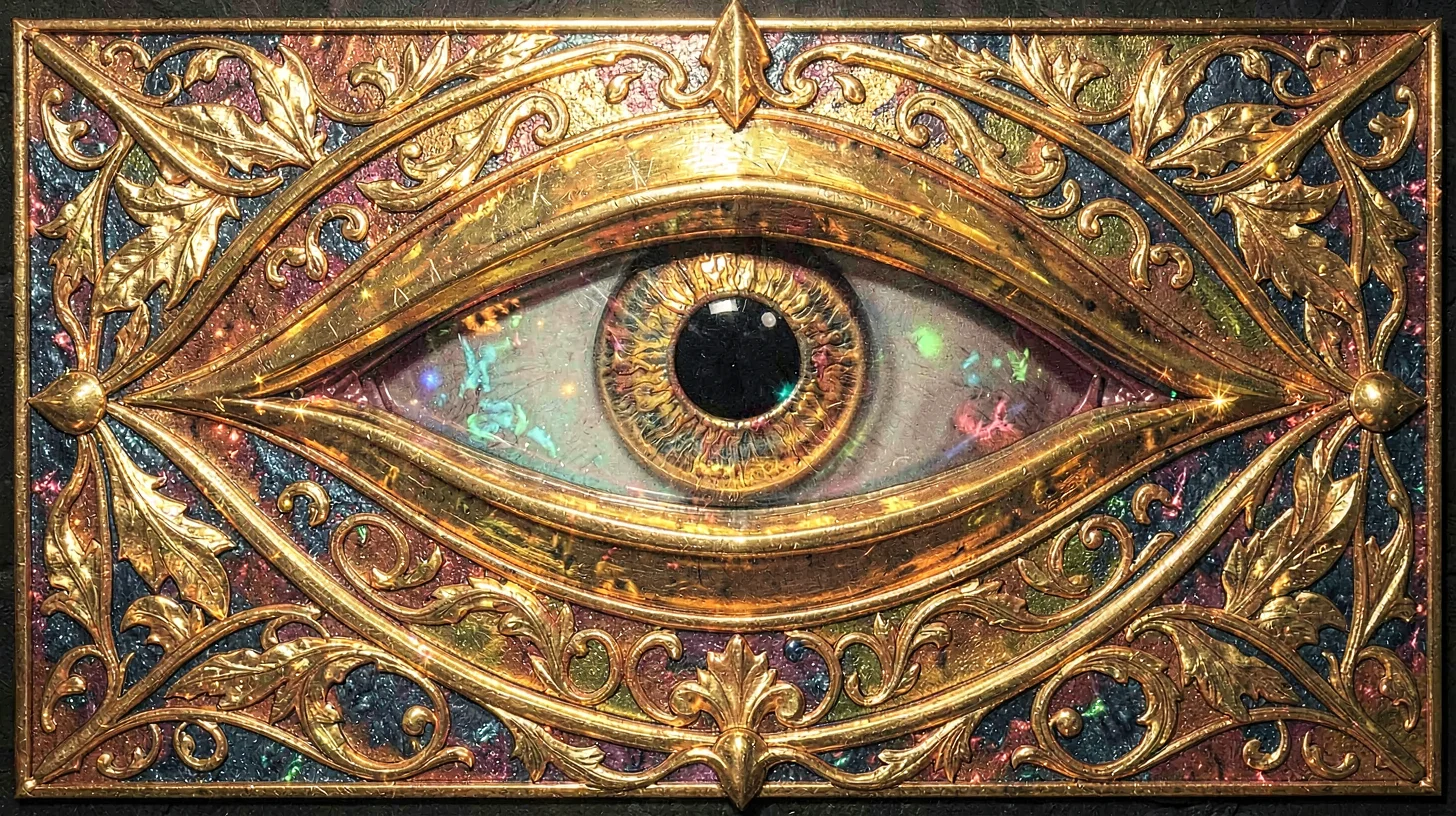Gold leaf illuminated illustration, all-seeing eye , burnished gold leaf areas, 