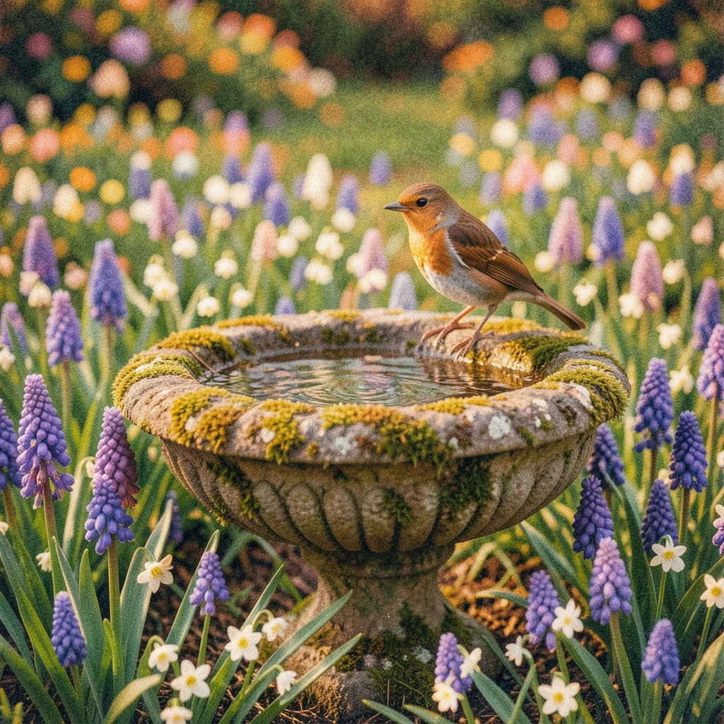 Close view of a mossy stone birdbath surrounded by grape hyacinths and lily of t