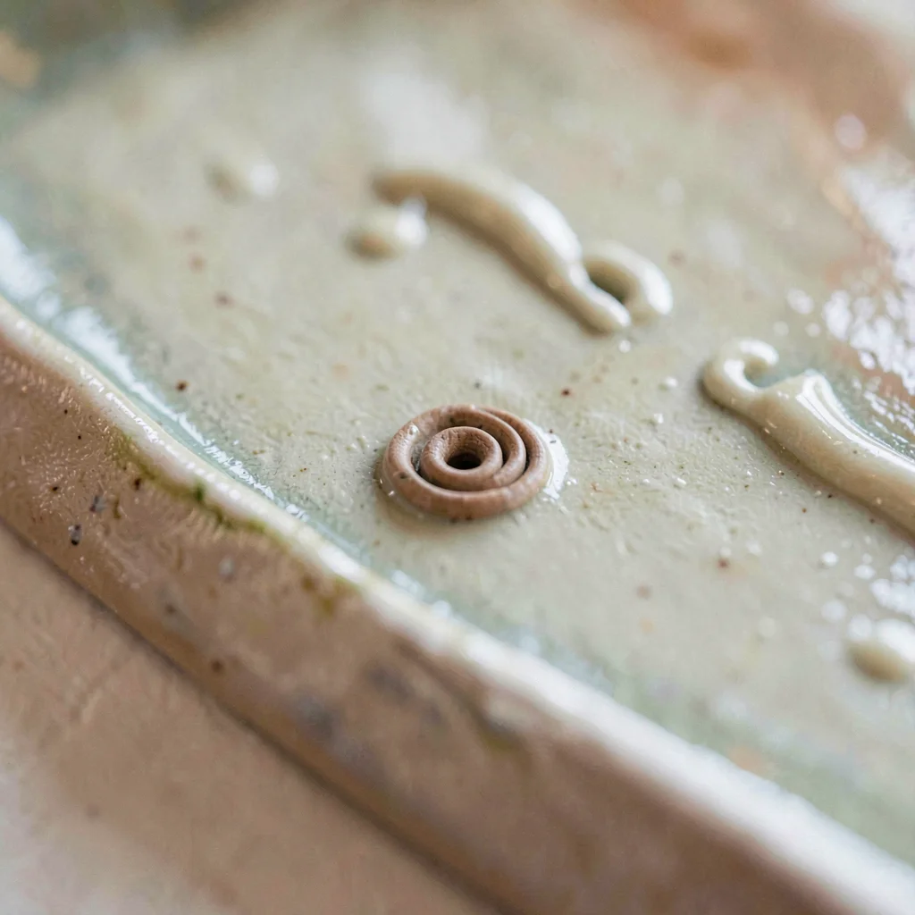 Hand-built coil mark visible beneath a wash of pale shino glaze, joins softened 