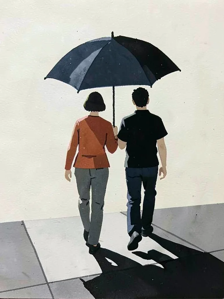 Two people walking under one umbrella, strong diagonal shadow on pavement