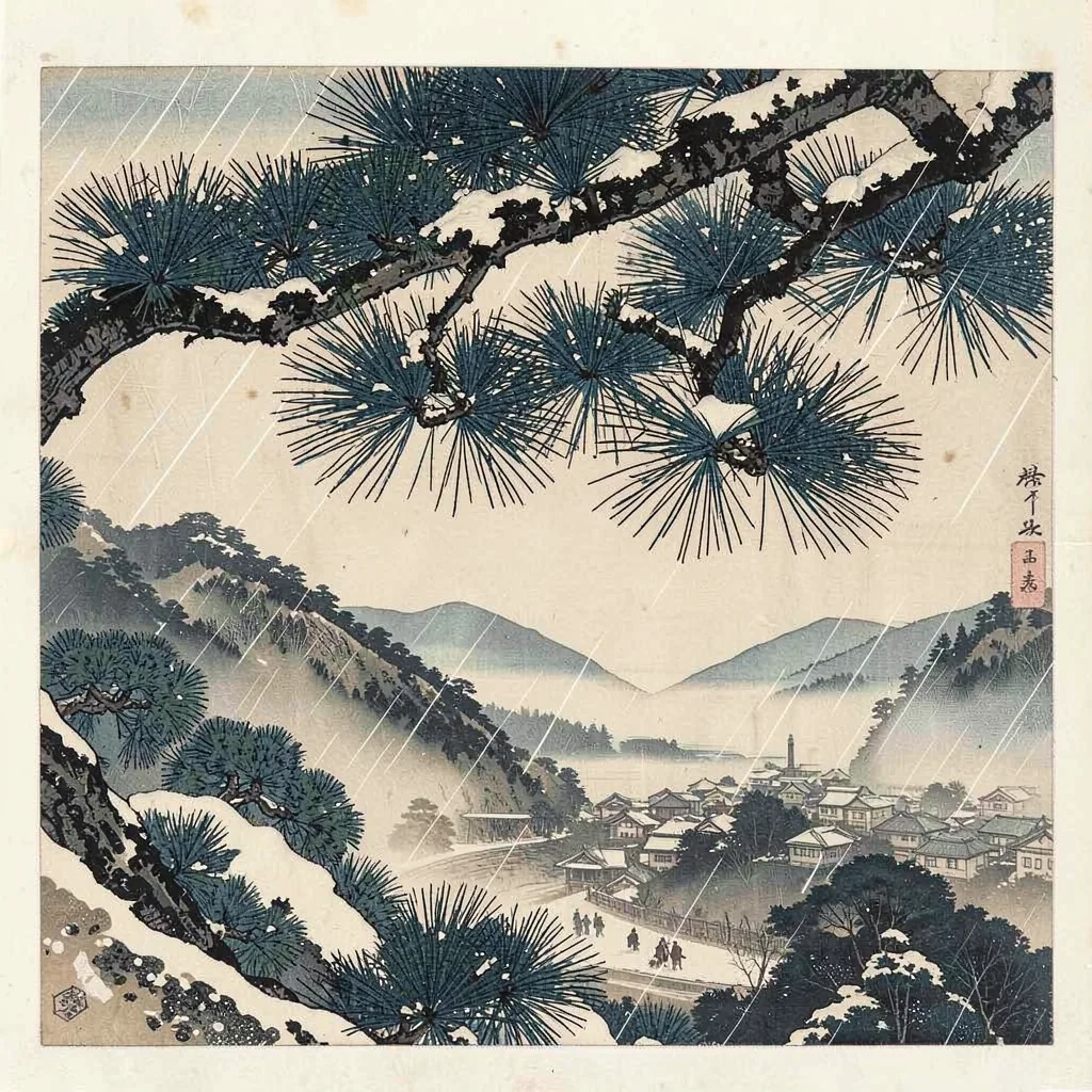 Close-up of pine boughs in snow, the branch framing a village in the valley belo