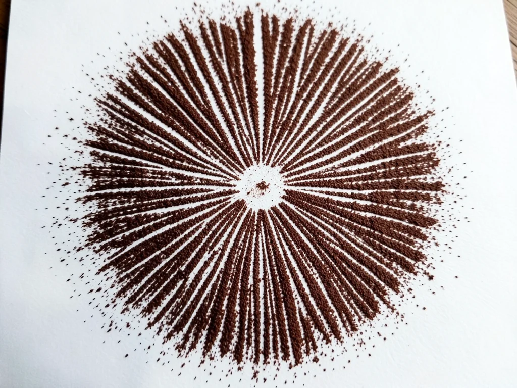 Dark brown spore print on white, dense deposit from mature field mushroom, rich 