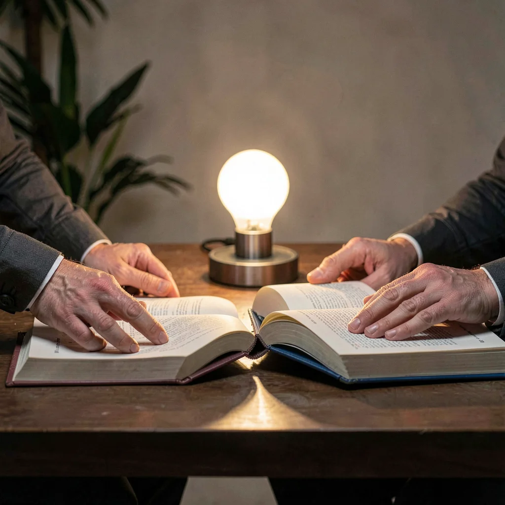 Studio portrait of a translator's hands moving between two open books, lamp pool