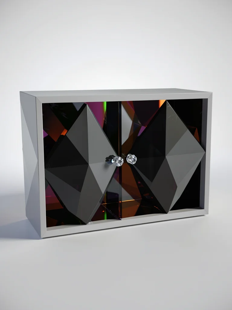 Hollow obsidian lowpoly cabinet with two faceted dark doors and tiny crystalline