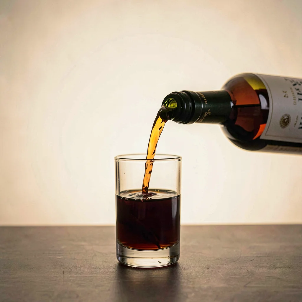 Pour of amaro arcing into a small glass against a pale lightbox sweep