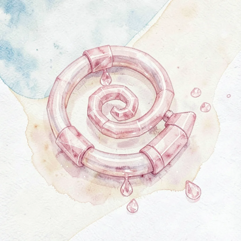 Sleek rose-quartz lowpoly whip coiled in a tight spiral with pink faceted segmen
