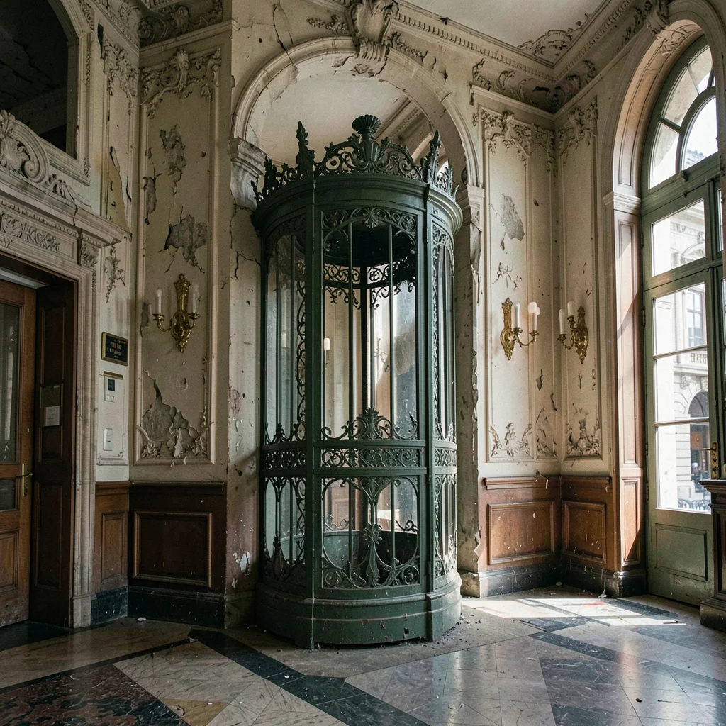 Buenos Aires faded grandeur, belle époque decay, Ornate iron elevator cage in a 