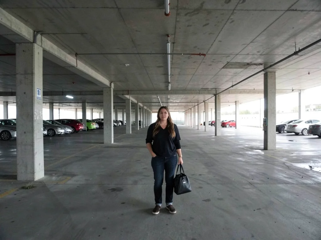 Woman in vast parking structure, concrete above below and around, her the only o
