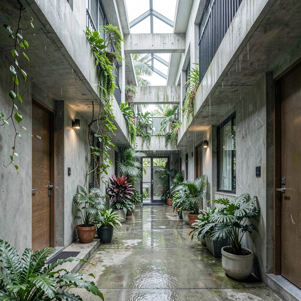 Singapore tropical modernism, green claiming grey, Residential corridor open to 