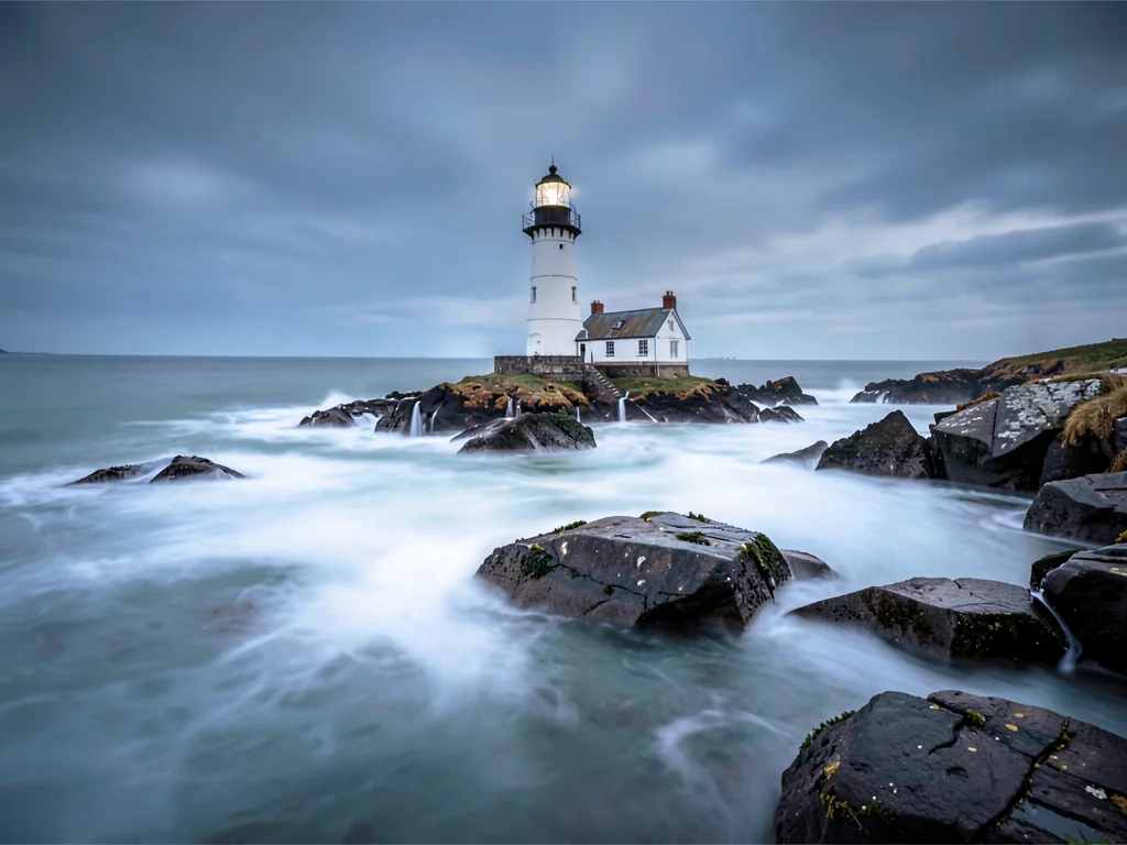 Lighthouse on rocks surrounded by cotton water